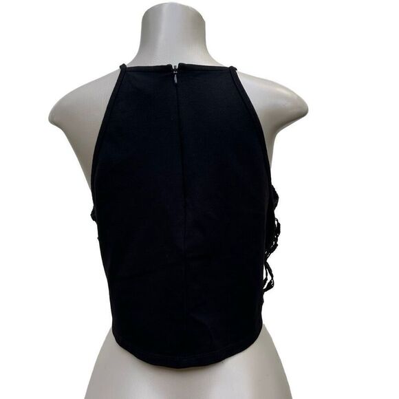 NWOT H&M Crop Top Women's Large Black Halter Ribbon Embroidered Crochet Overlay - Picture 5 of 12